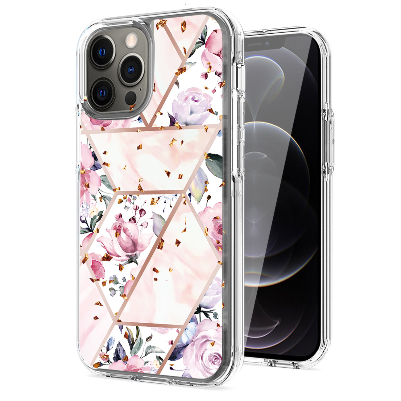 Flower Design Pattern Printing Dual Layer Hybrid Hard Plastic and Soft TPU Rubber Case Cover for APPLE IPHONE 12 PRO MAX In Pink Base Flower